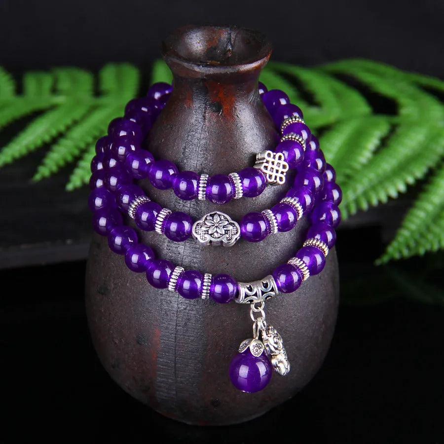 Purple chalcedony bracelet with three circles of beads in ethnic women's style