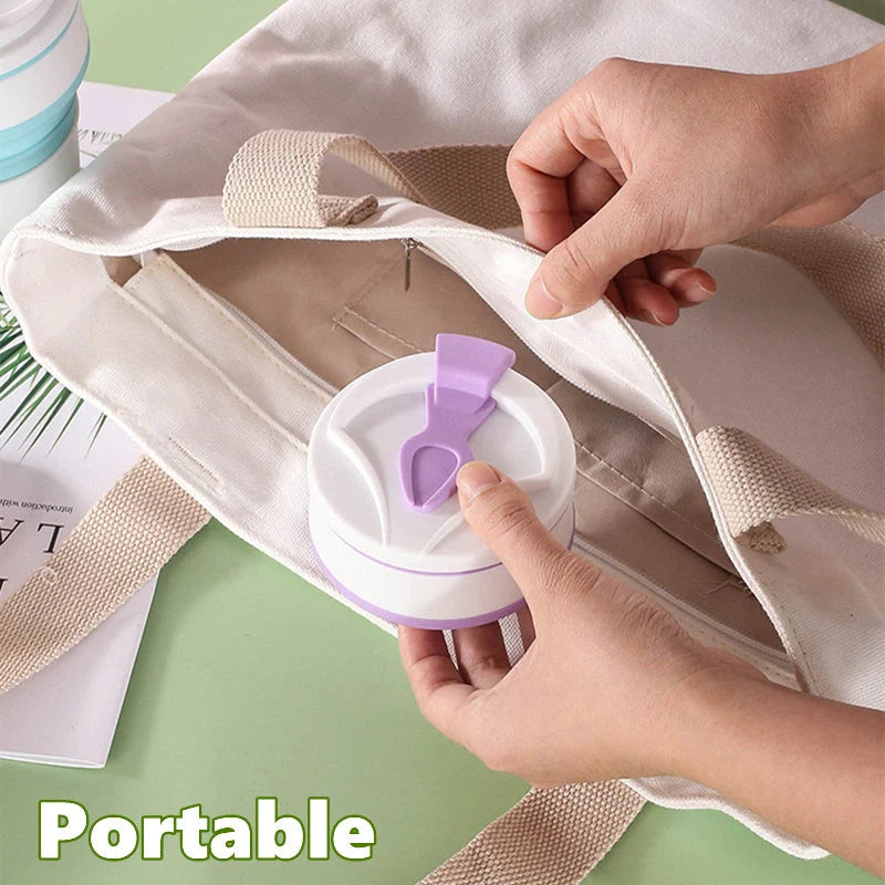 Collapsible silicone travel mug with leak-proof cover in various colours
