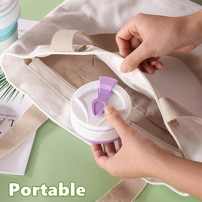 Collapsible silicone travel mug with leak-proof cover in various colours
