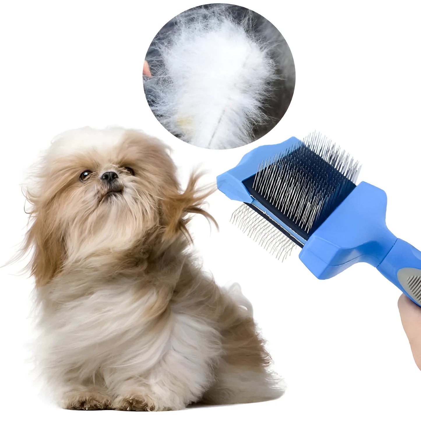 Blue double-sided pet brush for dogs and cats with stainless steel pins on a wooden table