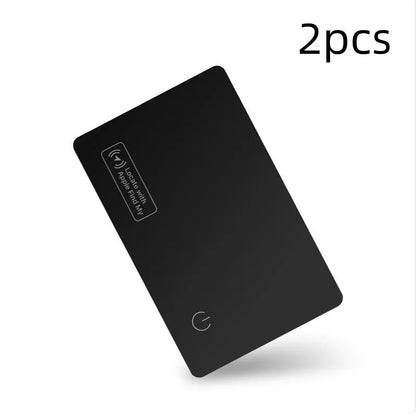 Black ultra-thin anti-loss alarm card for Apple devices, shown next to a credit card for size comparison.