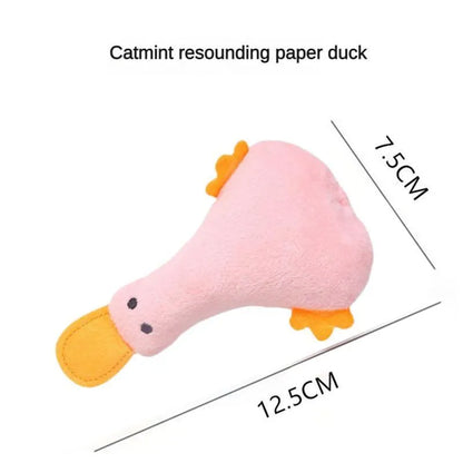 Duck-shaped plush pet toy with catnip filling and squeak mechanism for dog and cat play