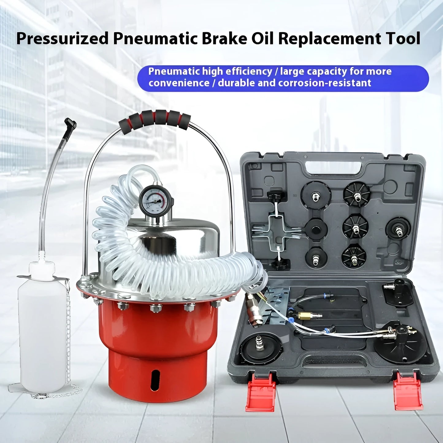 Pneumatic brake fluid replacement machine with pressure gauge, manual regulator, and transparent drain pipe