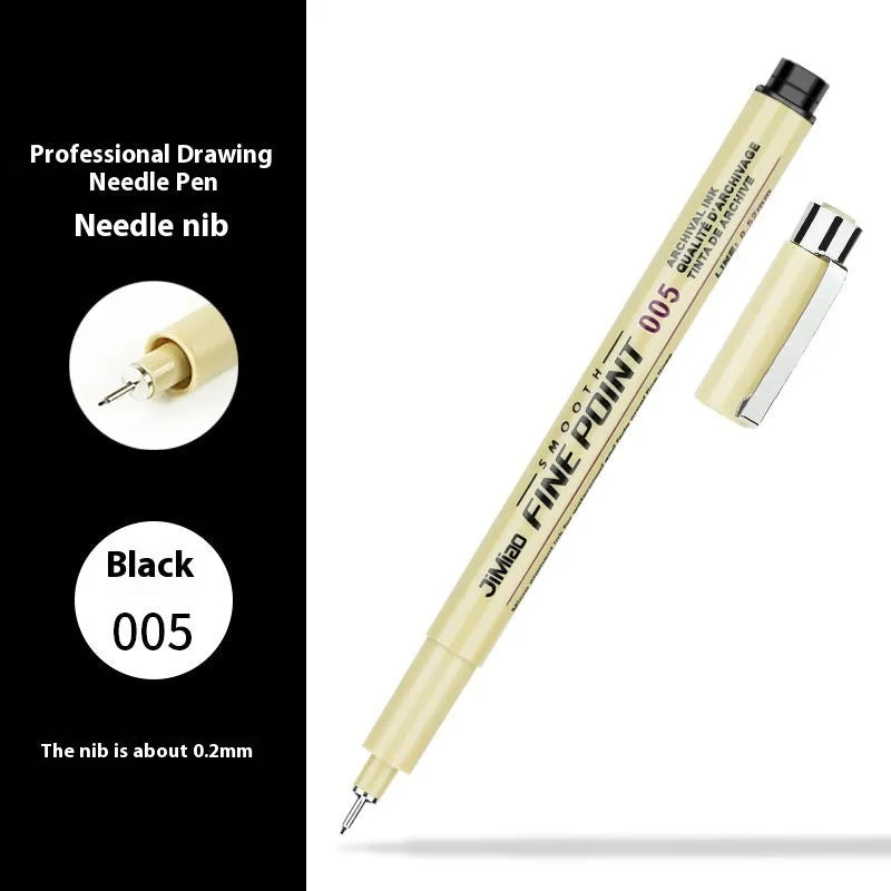 Waterproof black ink needle pen with cartoon syringe drawing on its 133mm plastic body.