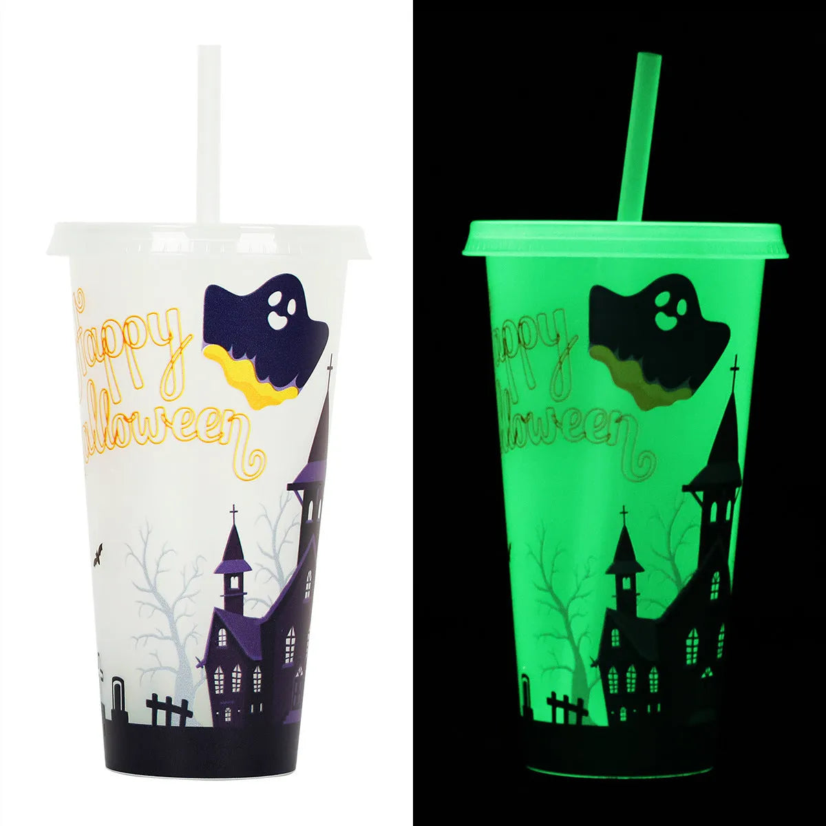 720ml plastic sippy cup with Halloween luminous straw, cylindrical shape, 17.5cm height