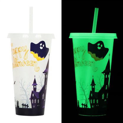 720ml plastic sippy cup with Halloween luminous straw, cylindrical shape, 17.5cm height