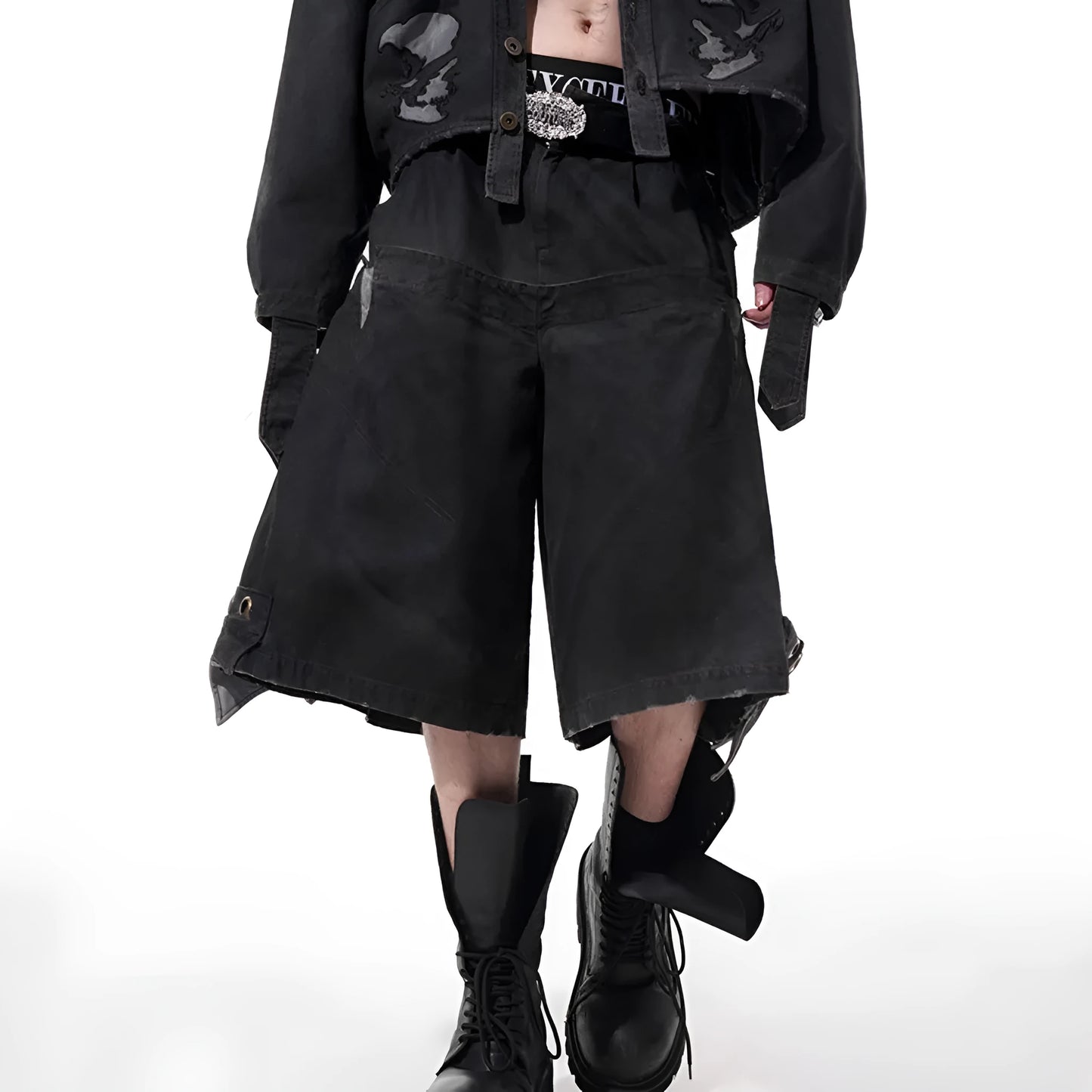 Men's black double waist cropped pants with washed stitching detail and loose fit