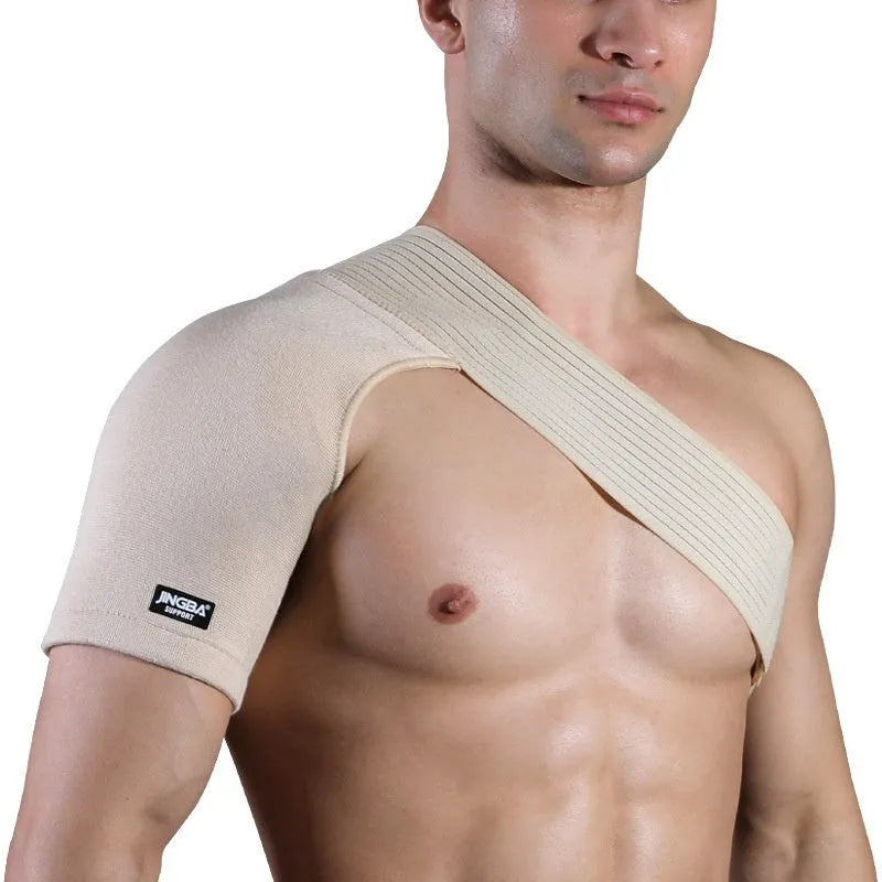 Adjustable skin-colour breathable shoulder support strap for sports like weightlifting and cycling.