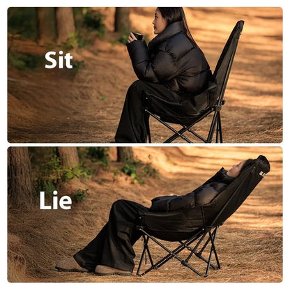 Night black folding camping recliner with Oxford cloth seat and moon chair style, shown in an outdoor setting.