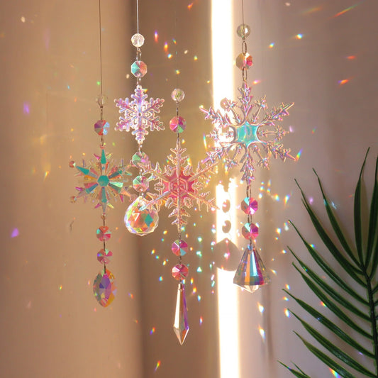 Snowflake Crystal Sun Catcher with intricate design and iridescent AB color finish, creates a mesmerizing kaleidoscope of colors