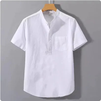 Men's casual beige linen-cotton shirt with stand collar and short sleeves on a hanger