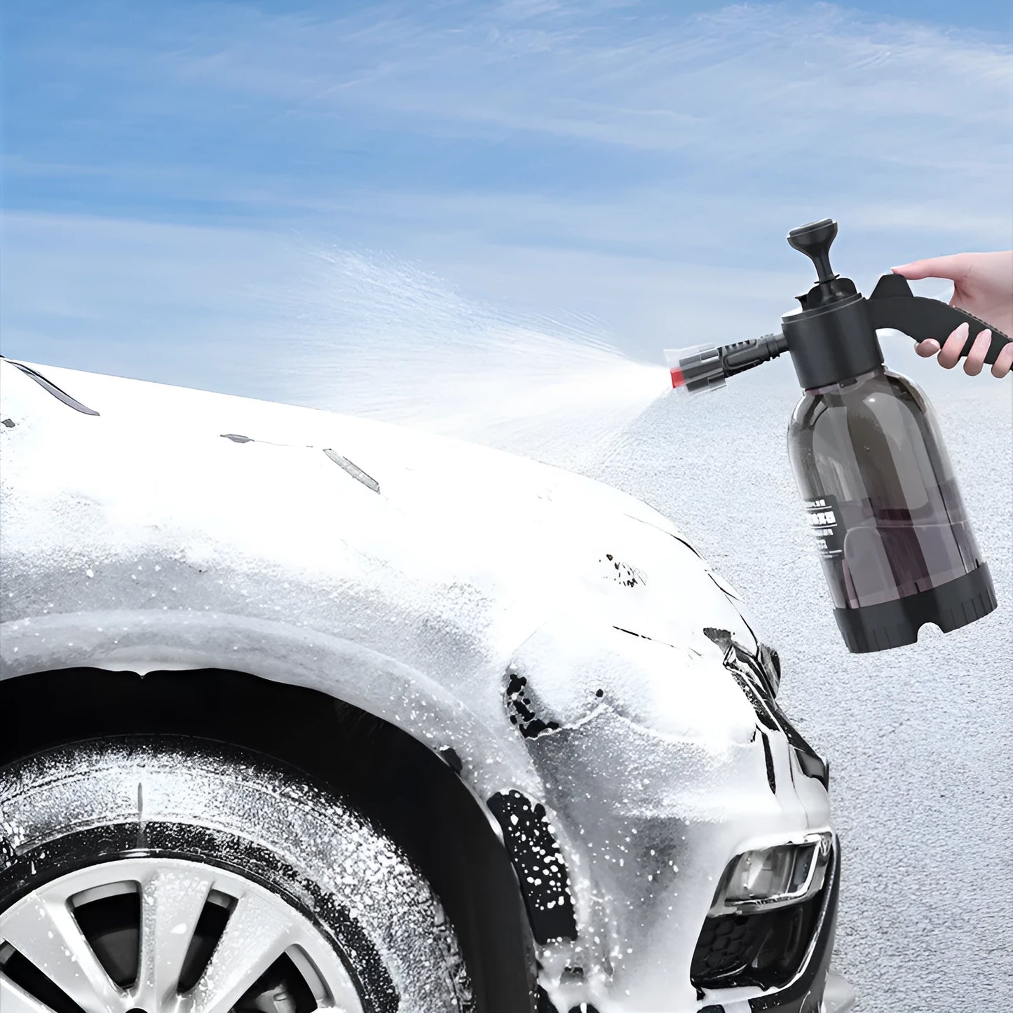 Black hand-held 2 litre foam sprayer with pump lever and two nozzles for car washing and garden use.