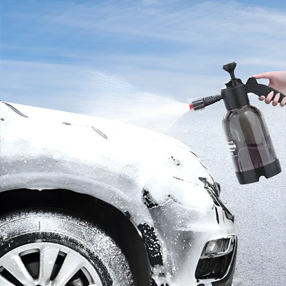 Black 2-litre hand-held foam sprayer with pump handle, shown with two nozzles for car washing and garden use.