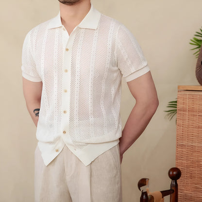 Men's short sleeve lapel cardigan in striped knit cotton fabric showing creamy-white, black and brown colour options