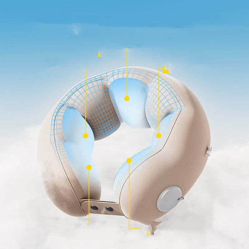 Inflatable U-shaped travel neck pillow in cloud bubble cartoon design showing air valve