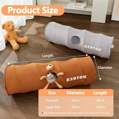 Collapsible cat tunnel in grey with attached plush ball, showing folded and extended positions