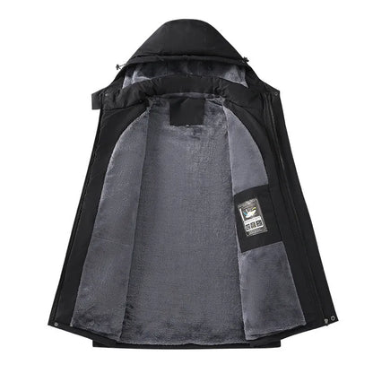 Plus size men's hooded waterproof coat in polyester, shown in army green colour.