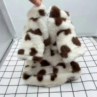 Pink plush warm coat on small dog showing British style design with polyester construction