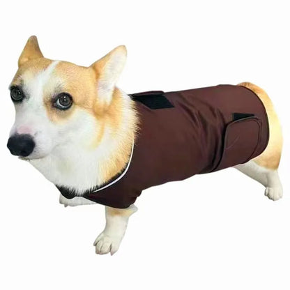 Dog wearing brown anxiety compression vest tank top for separation anxiety relief