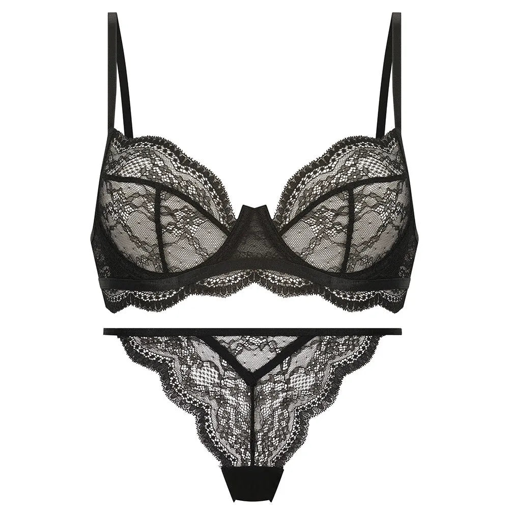 Women's black, green, or red French bra bikini set with fixed double straps
