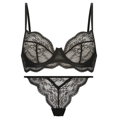 Women's black, green, or red French bra bikini set with fixed double straps
