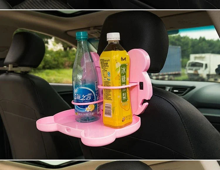 Adjustable car seat tray with spacious surface, side hooks, and compact design for in-vehicle use