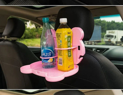 Adjustable car seat tray with spacious surface, side hooks, and compact design for in-vehicle use