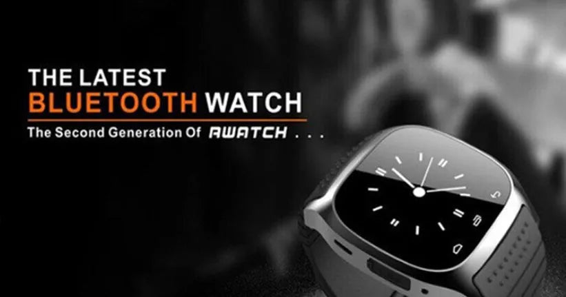 Bluetooth sports watch in white, blue, or black compatible with Apple iPhone and Android smartphones