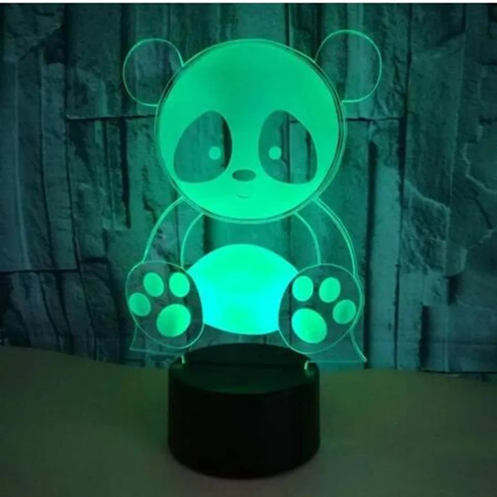 Panda night light with remote control showing seven colour options including red, green, blue, yellow, purple, and white LEDs