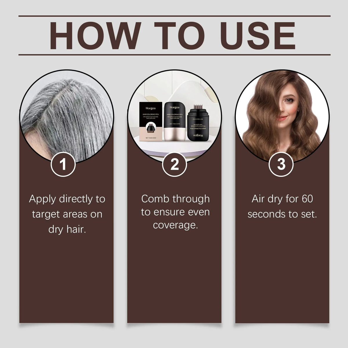 Instant hair dyeing and makeup pen in black and brown colours showing 5.53 cm width and 9.75 cm height