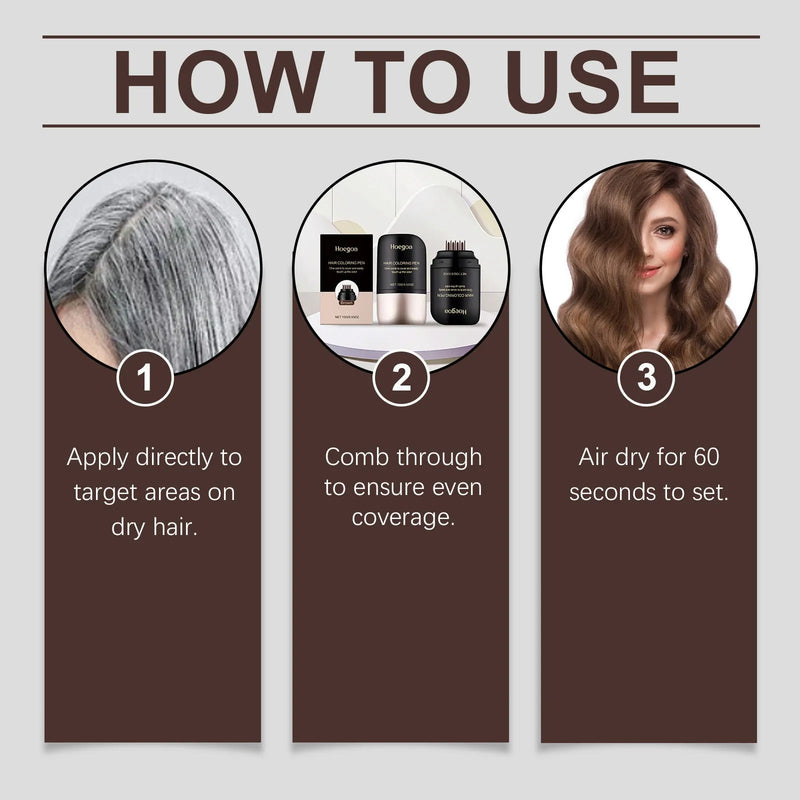 Hair dyeing and makeup pen for instant temporary colour, made from water-based acrylic copolymer with iron oxide pigment in a 5.53 cm x 2.65 cm x 9.75 cm size, available in black and brown shades for quick touch-ups and complementary colour application.