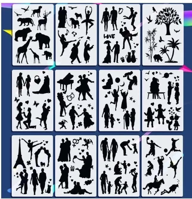 White plastic drawing stencil set with geometric cut-out patterns including hearts and stars