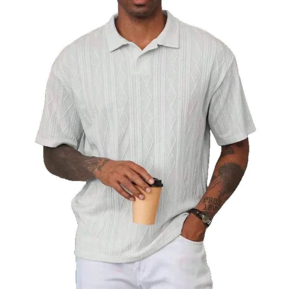 Retro button lapel short sleeve T-shirt in cotton blend fabric showing slit detail