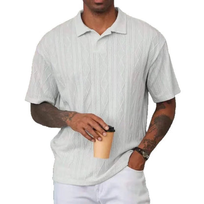 Retro button lapel short sleeve T-shirt in cotton blend fabric showing slit detail