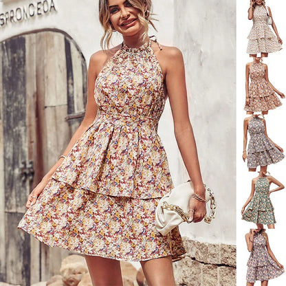 Chic backless halter dress with ruffled A-line skirt in various vibrant colors