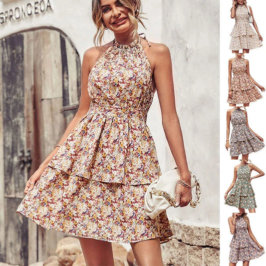 Chic backless halter dress with ruffled A-line skirt in various vibrant colors