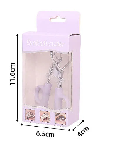 A4 chromium-coated scissor-style eyelash curler with tail design in pink or purple colour options