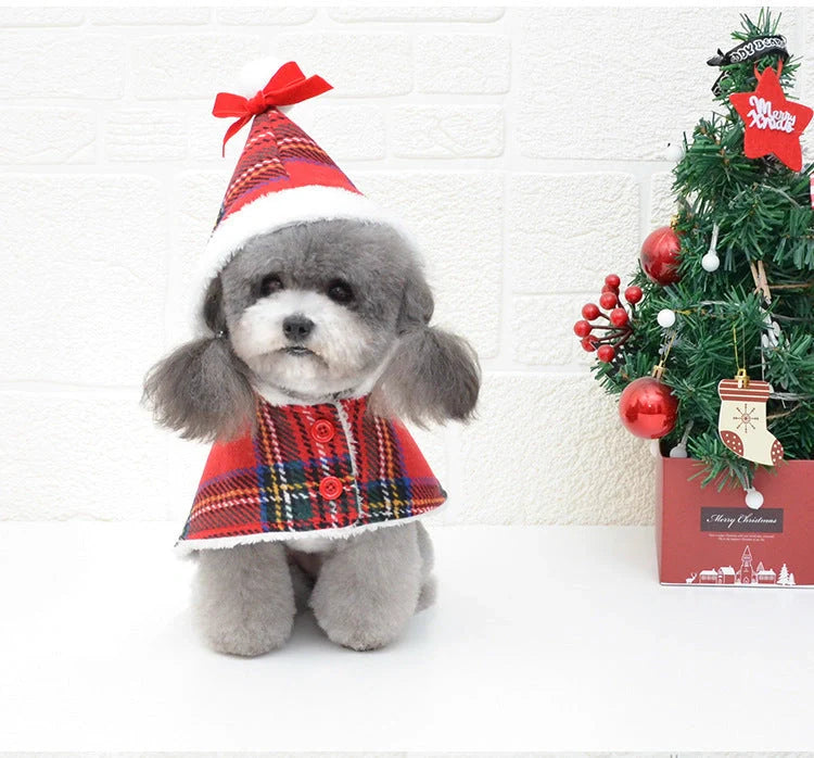 Christmas red check knitted turtleneck dog sweater with suede lining