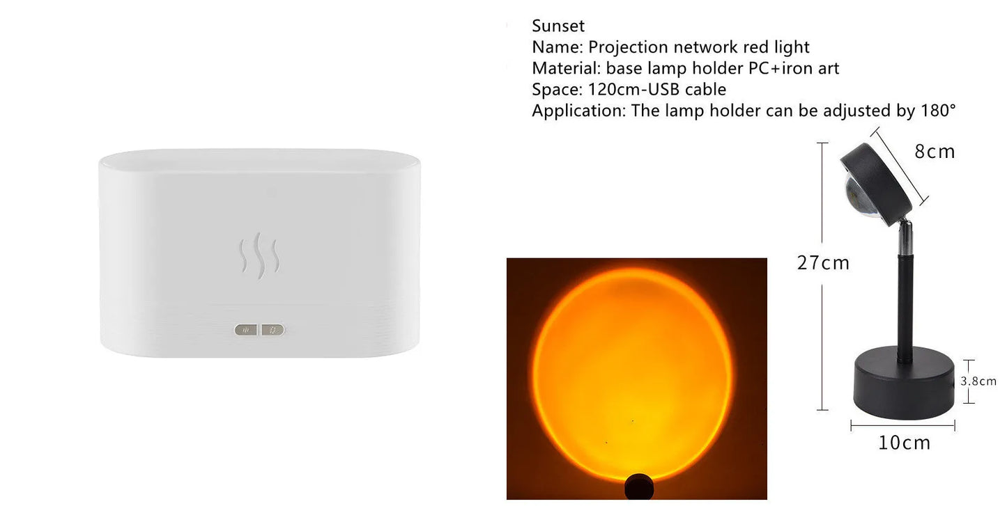 Black square ultrasonic aroma diffuser with flame light effect and mist output.