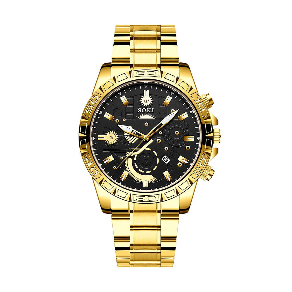 Men's gold business quartz watch with stainless steel strap showing time at 10:10, calendar window at 3 o'clock position