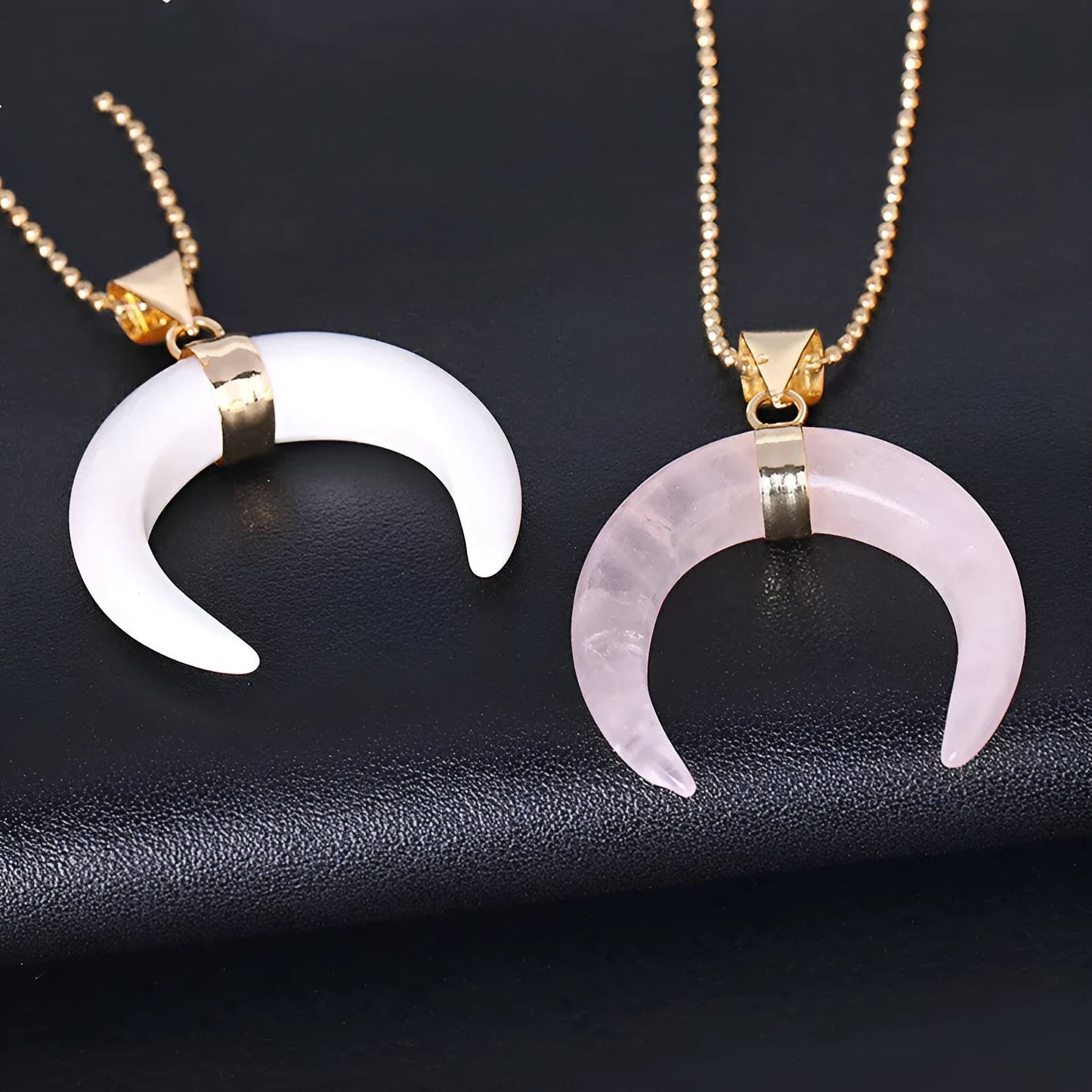 Natural stone moon pendant necklace with electroplated copper chain in pink or purple colour options