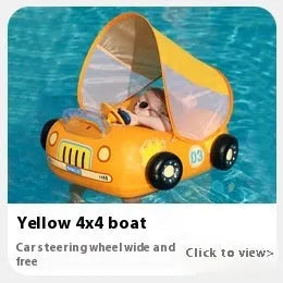 Pink inflatable swimming ring for children with a cartoon car steering wheel design.