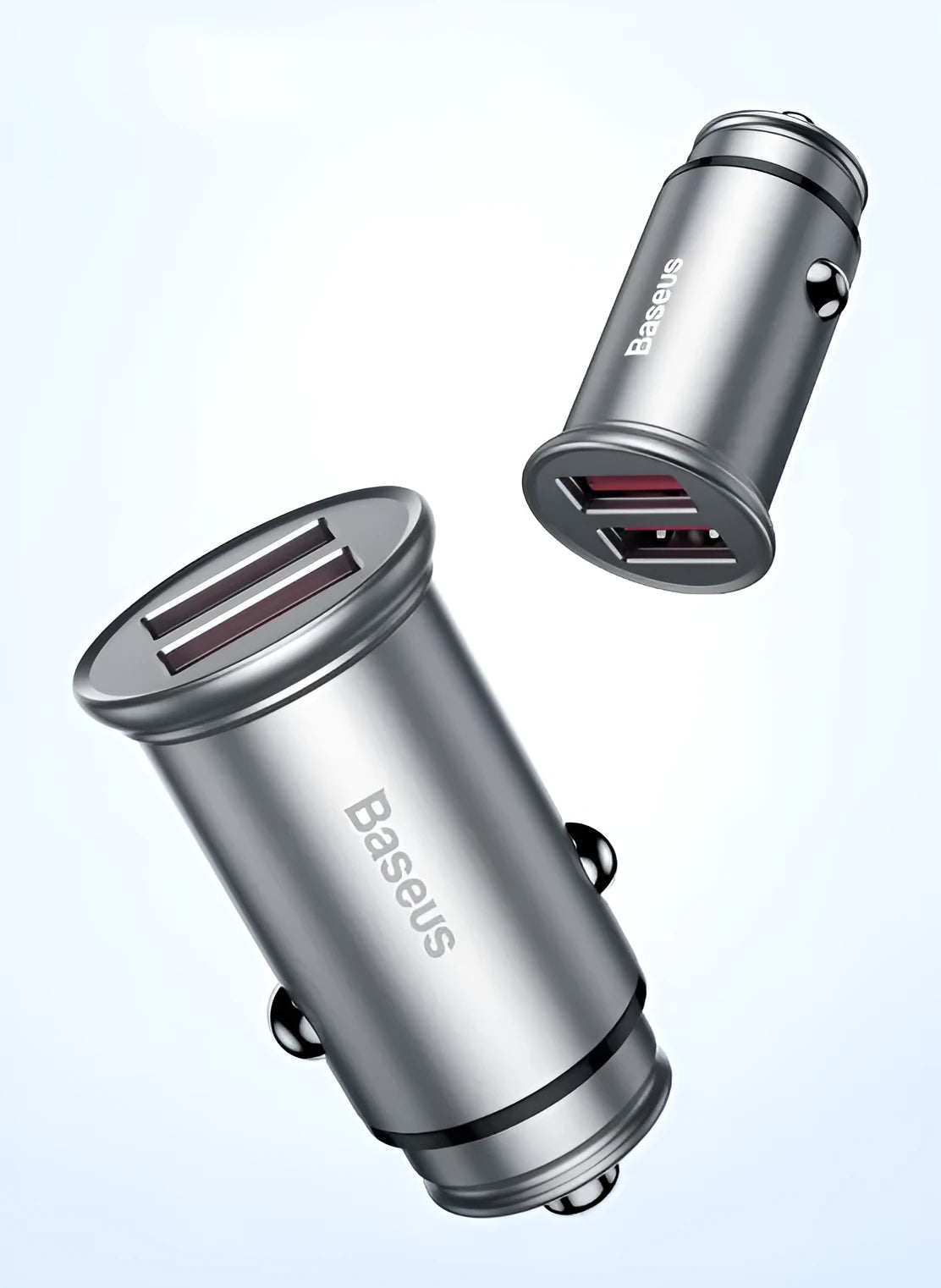 USB smart car charger with aluminium alloy casing in choice of colours, showing compact size for vehicle charging
