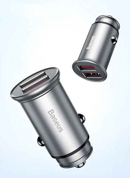 USB smart car charger with aluminium alloy casing in choice of colours, showing compact size for vehicle charging