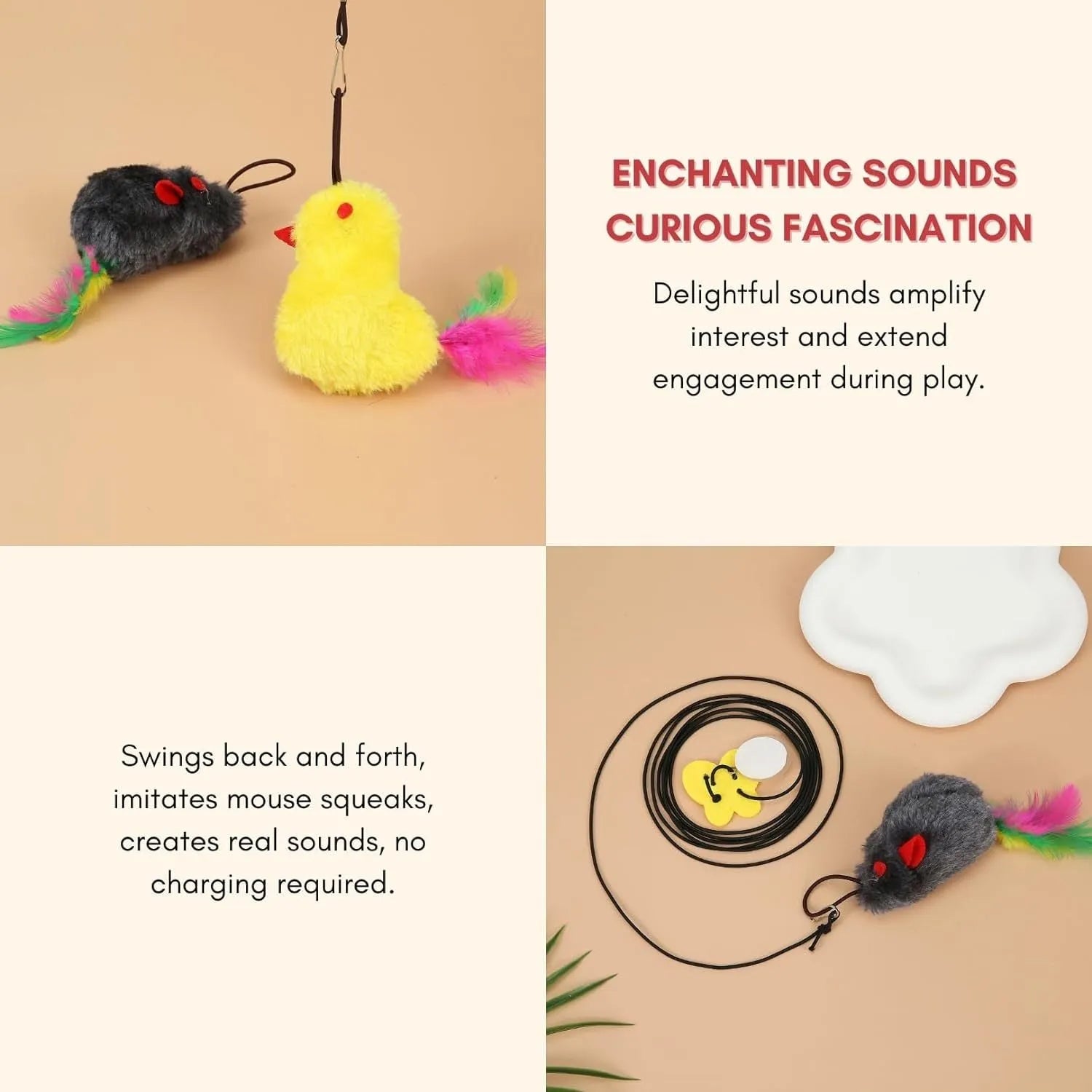 Interactive cat toy hanging from door frame with elastic rope, sound response system, and treat reward dispenser