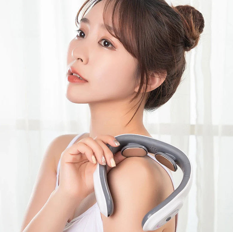White folding electric pulse massager for shoulders and neck with heated function and USB charging port