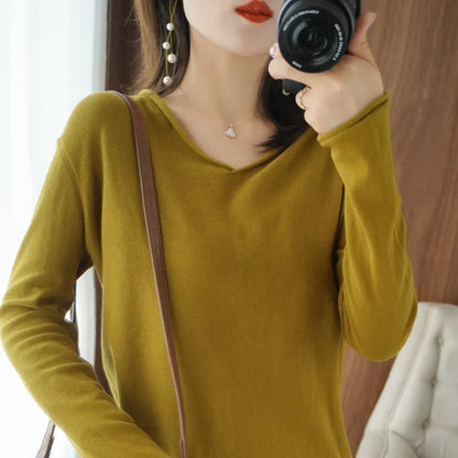 Women's V-neck long sleeve knitwear top in elegant style with non-ironing feature