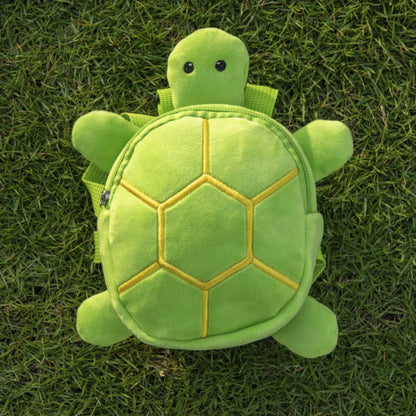 Brown cartoon turtle-shaped dog backpack with no-pull vest harness and metal zipper.