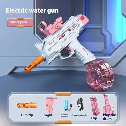 Children's Automatic UZI Electric Backpack Water Gun in blue and pink for summer outdoor fun