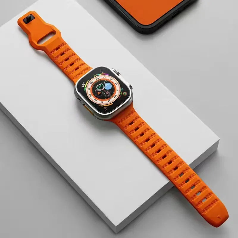 Fluoro rubber Apple Watch strap with T-buckle closure in black, orange, grey, starlight, pink or blue